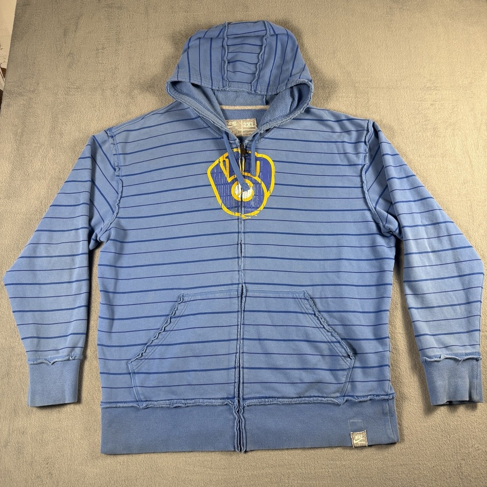 Rare Milwaukee Brewers Hoodie Men 2XL Blue MLB Baseball Full Zip Nike Sweatshirt